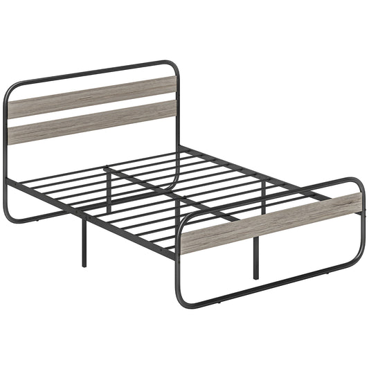 4ft6 Double Bed Frame, Industrial Style Metal Platform Bed Frame with Under Bed Storage, No Box Spring Needed, Easy Assembly, Grey