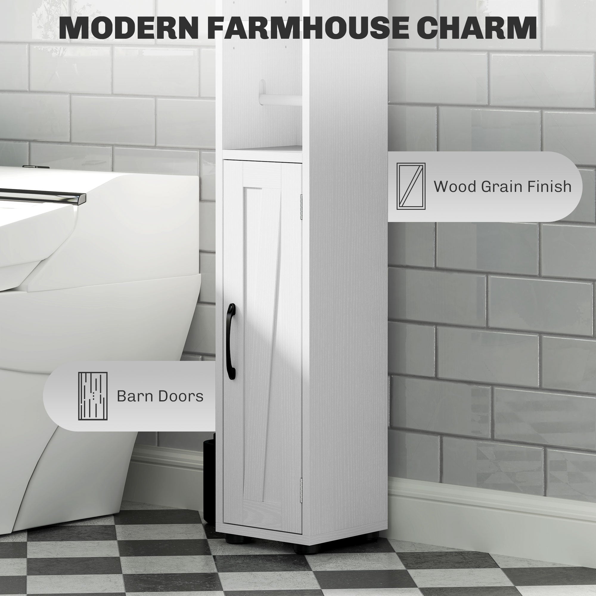 Fynco - Tall Bathroom Cabinet, Farmhouse Slim Bathroom Storage Cabinet with Barn Doors, Toilet Paper Roll Holder, Drawer and Adjustable Shelves, Narrow Bathroom Storage Unit, 20 x 20 x 185cm, White