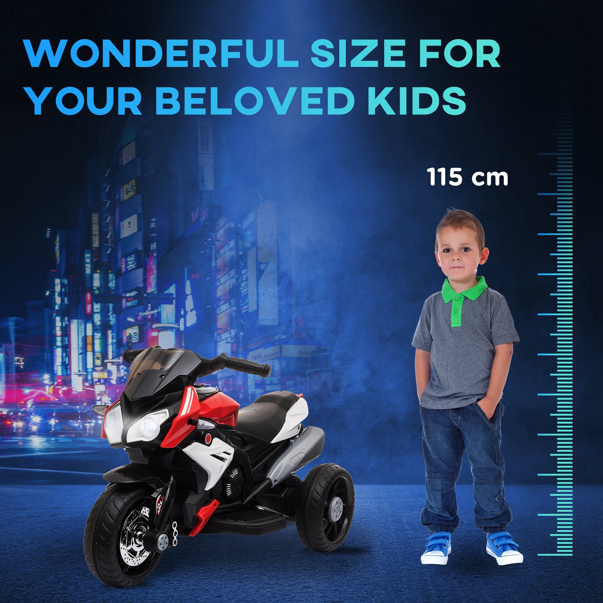 Kids Electric Motorcycle Ride-On Toy, with Three Wheels, Music, Horn, Lights, Red