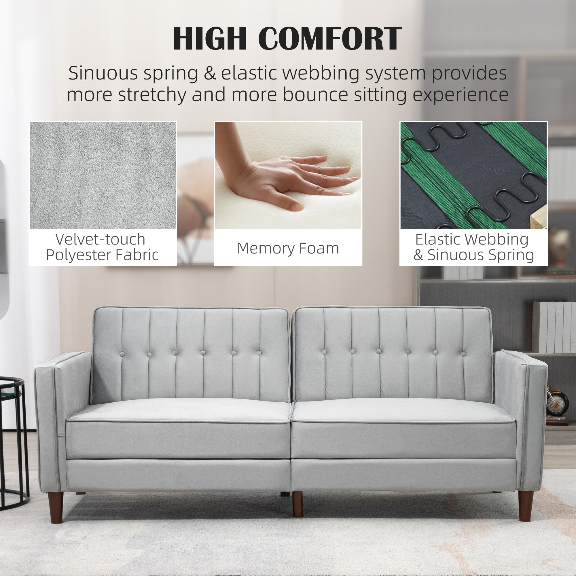 Modern Convertible Sofa Futon Velvet-Touch Tufted Couch Compact Loveseat with Adjustable Split Back, Light Grey