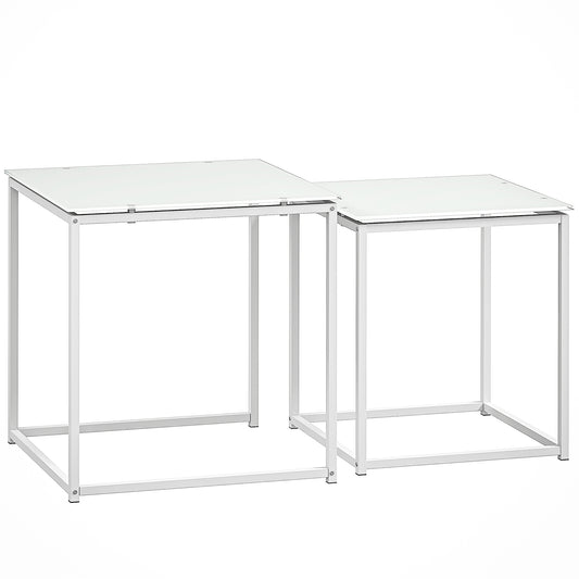 Nest of Tables, Set of 2 Coffee Table, Side Tables with Tempered Glass Desktop and Metal Frame for Living Room, Bedroom, Office, White