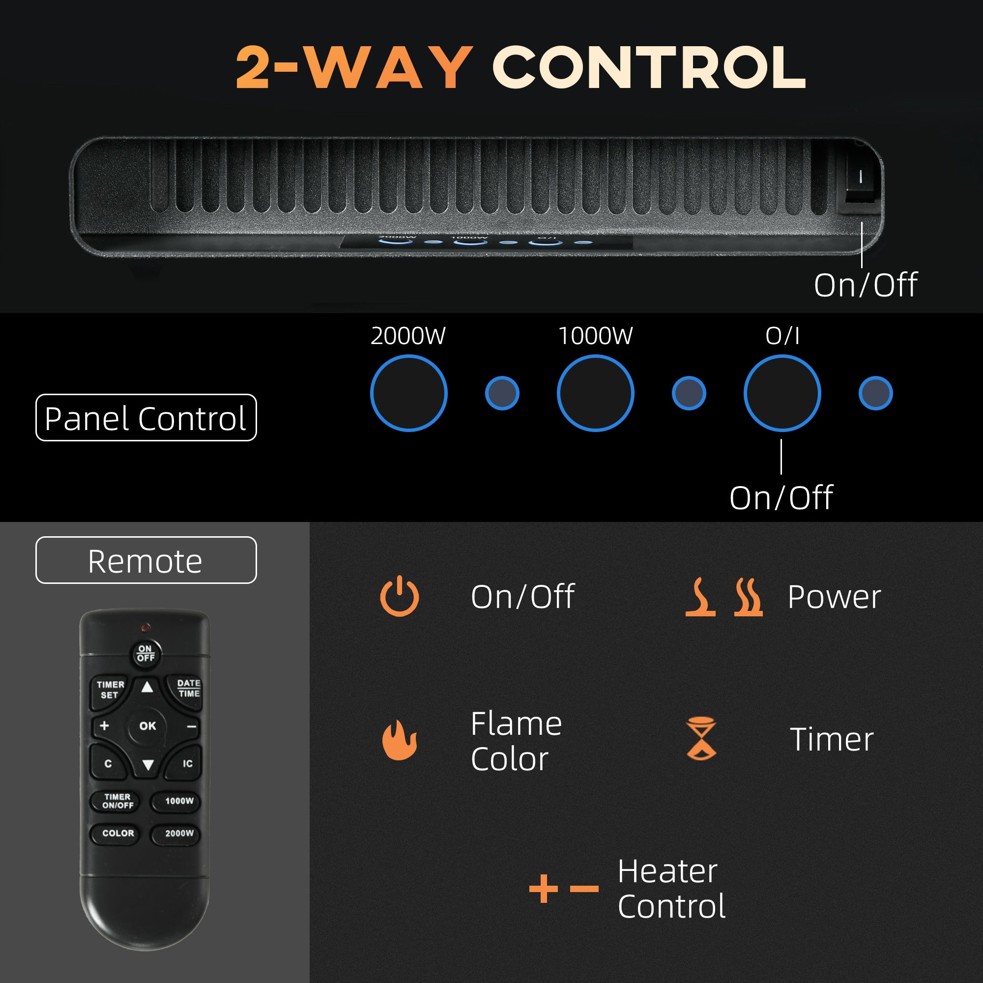 Fynco - 102cm/40" Electric Fireplace, 2000W Recessed and Wall Mounted Electric Fire with Remote Control, 9 Flame Colour and Crystal, Black