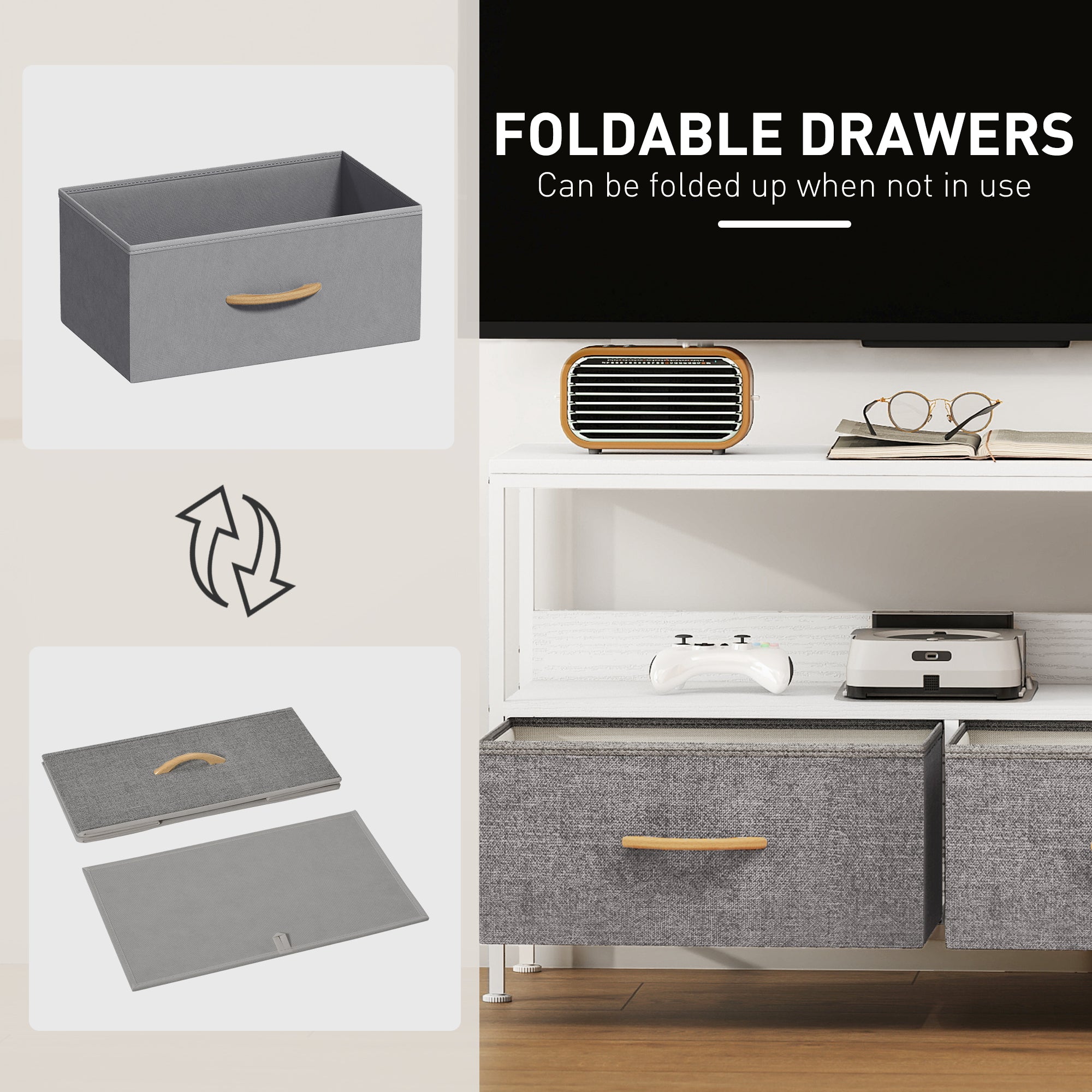 TV Stand Cabinet with 2 Foldable Drawers - White
