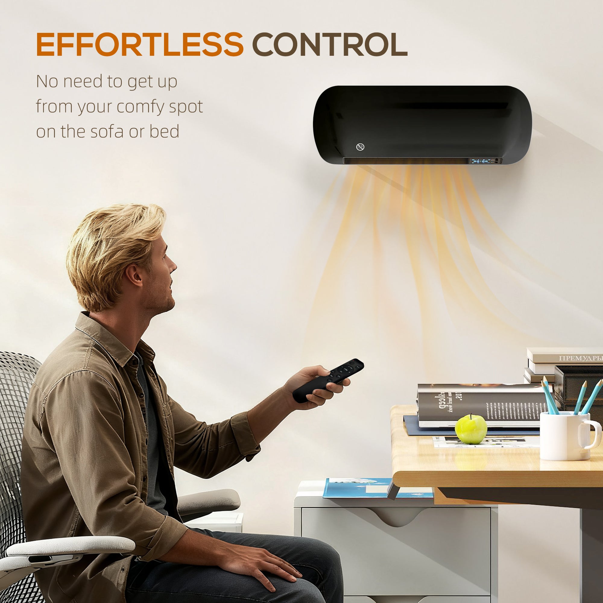 Fynco - 2000W Ceramic Electric Heater with Fan, Adjustable Thermostat, Wall Mounted - Black