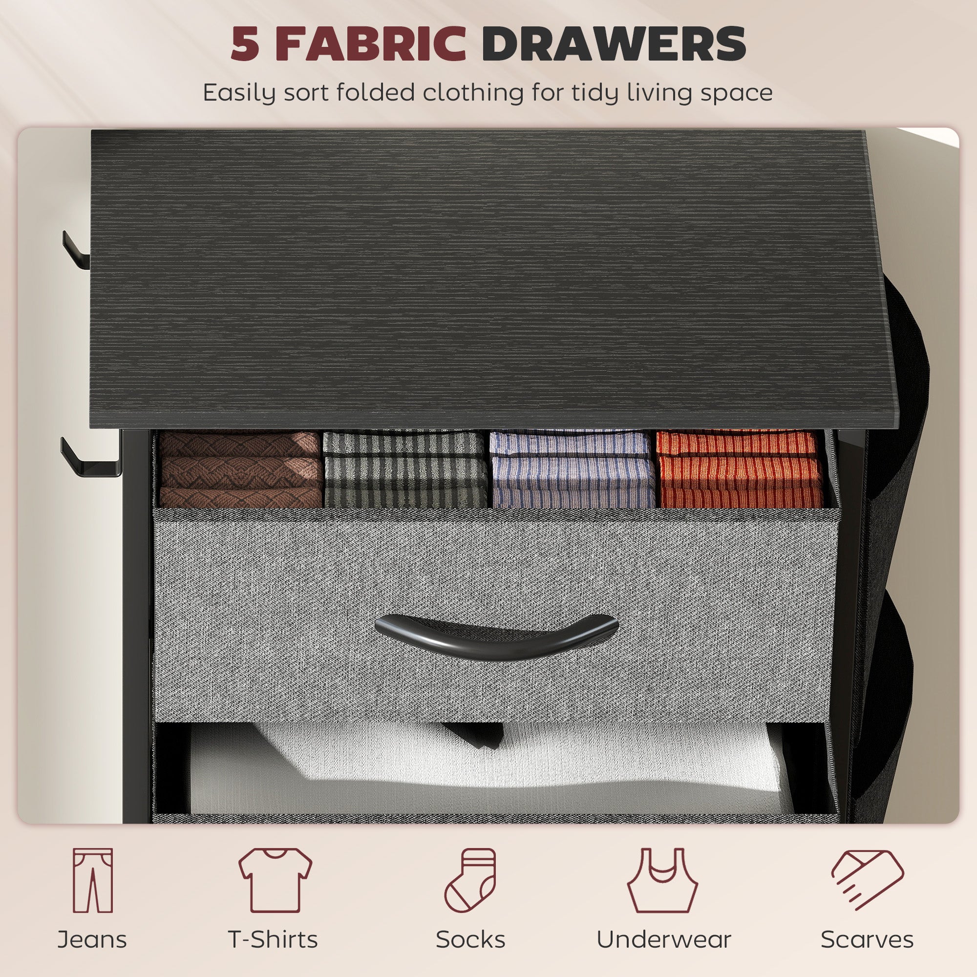 Chest of Five Fabric Drawers - Charcoal Grey