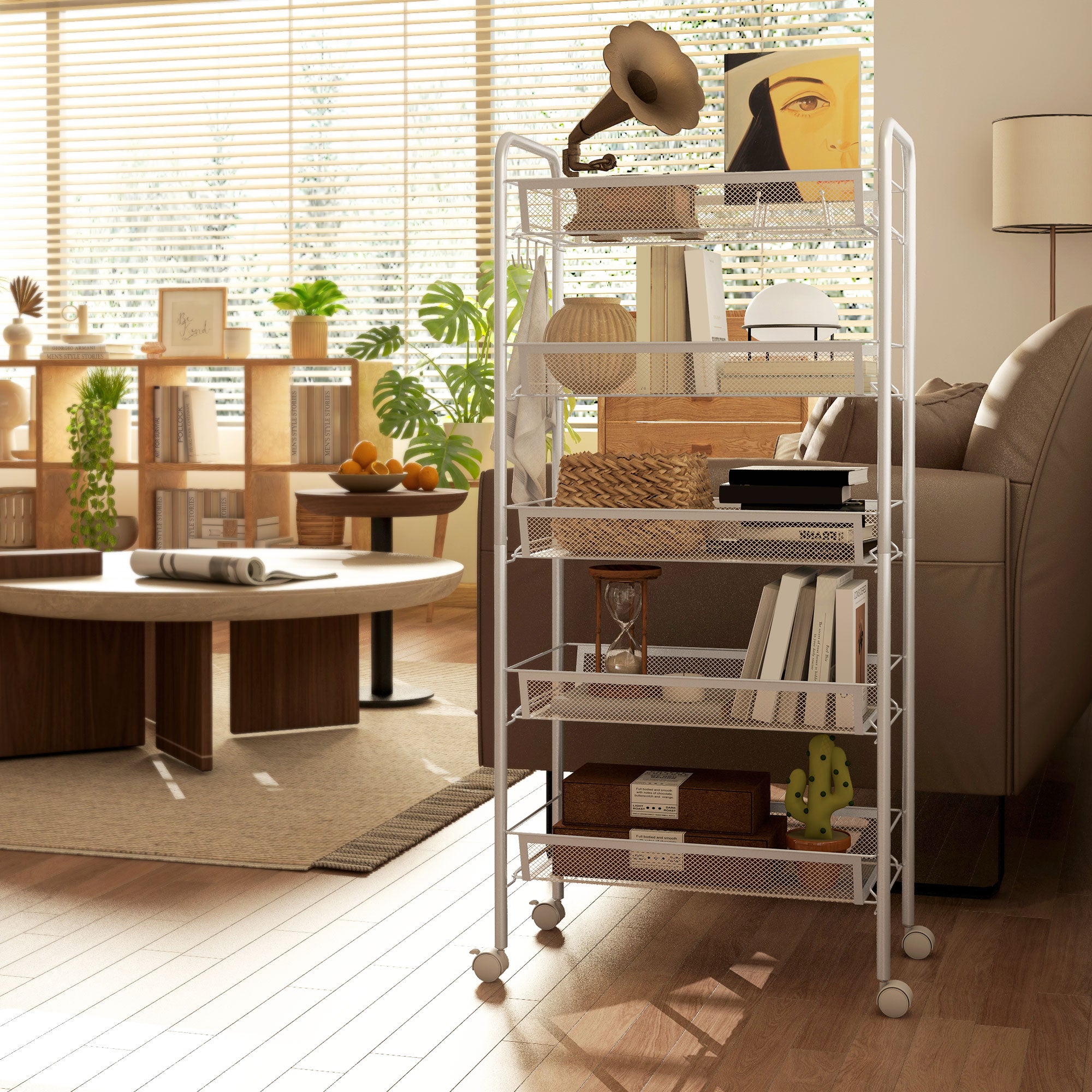 Five-Steel Mesh Basket Storage Trolley, with Wheels - White