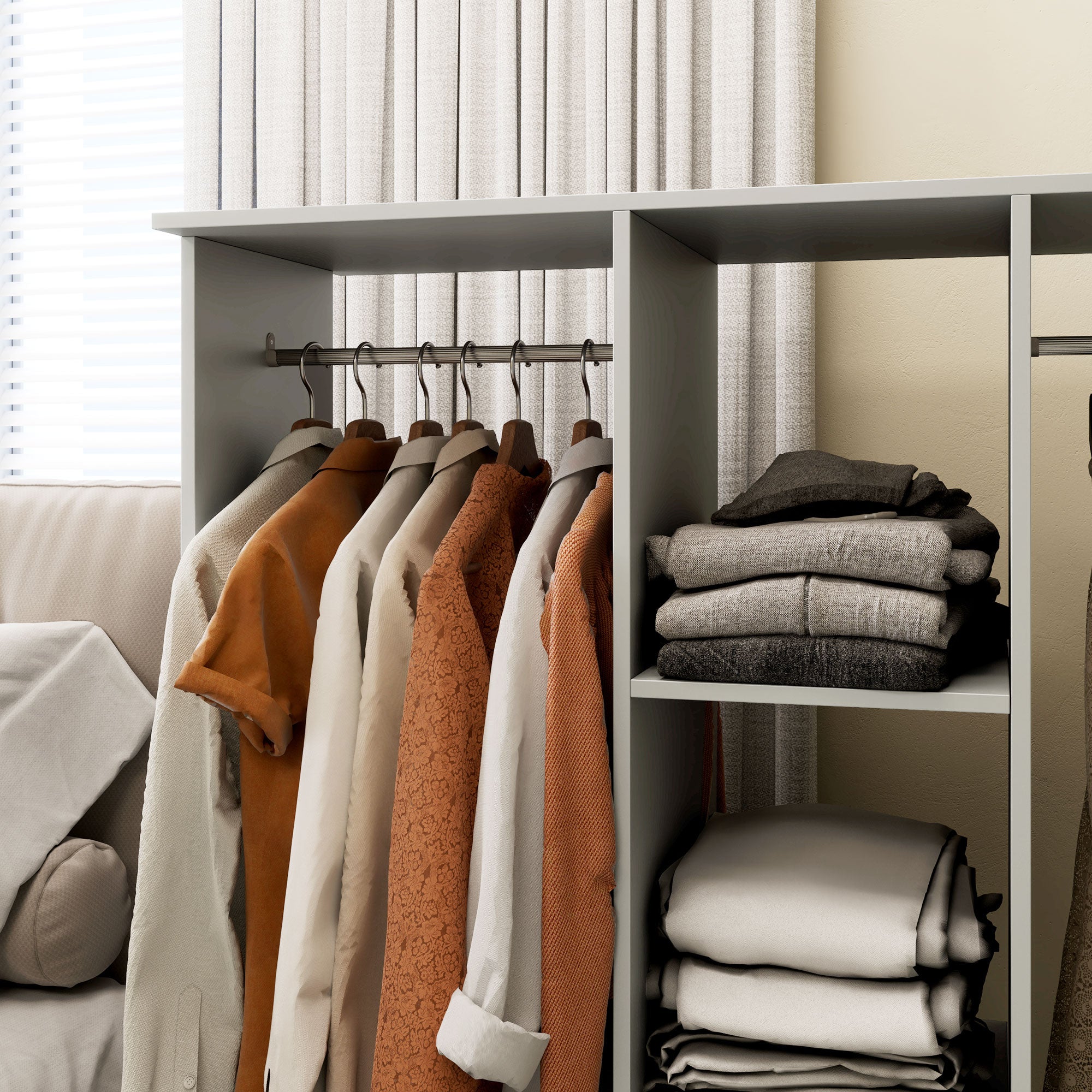 Open Wardrobe Double Mobile Storage Shelves Organizer W/6 Wheels-Grey