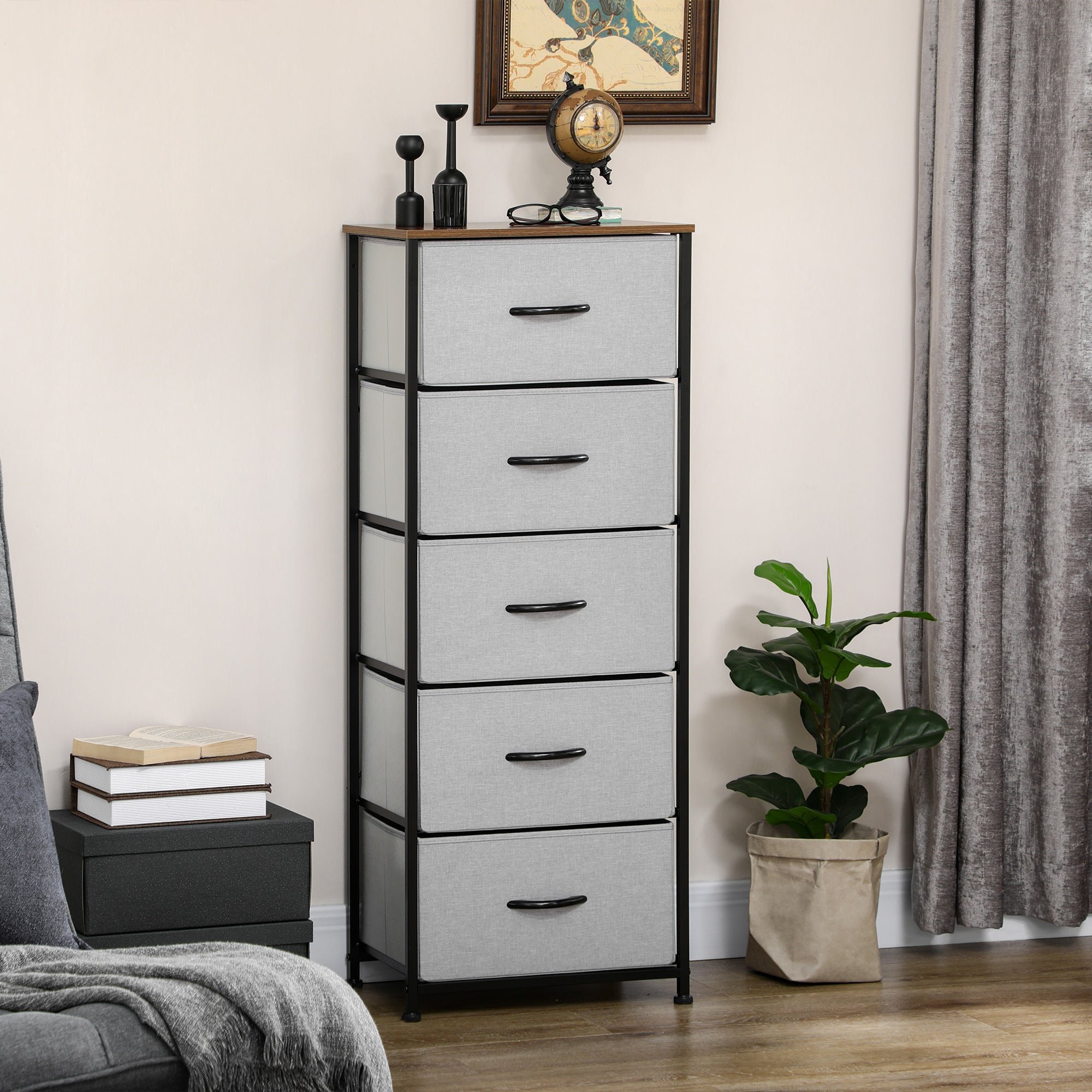 Fabric Chest of Drawers, Industrial Bedroom Dresser with 5 Fabric Drawers, Steel Frame and Wooden Top for Nursery, Living Room, Hallway, Grey