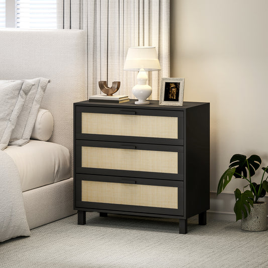 Rattan Bedroom Chest of Drawers, 3 Drawers Storage Unit, Boho Dresser for Living Room, Hallway, Black