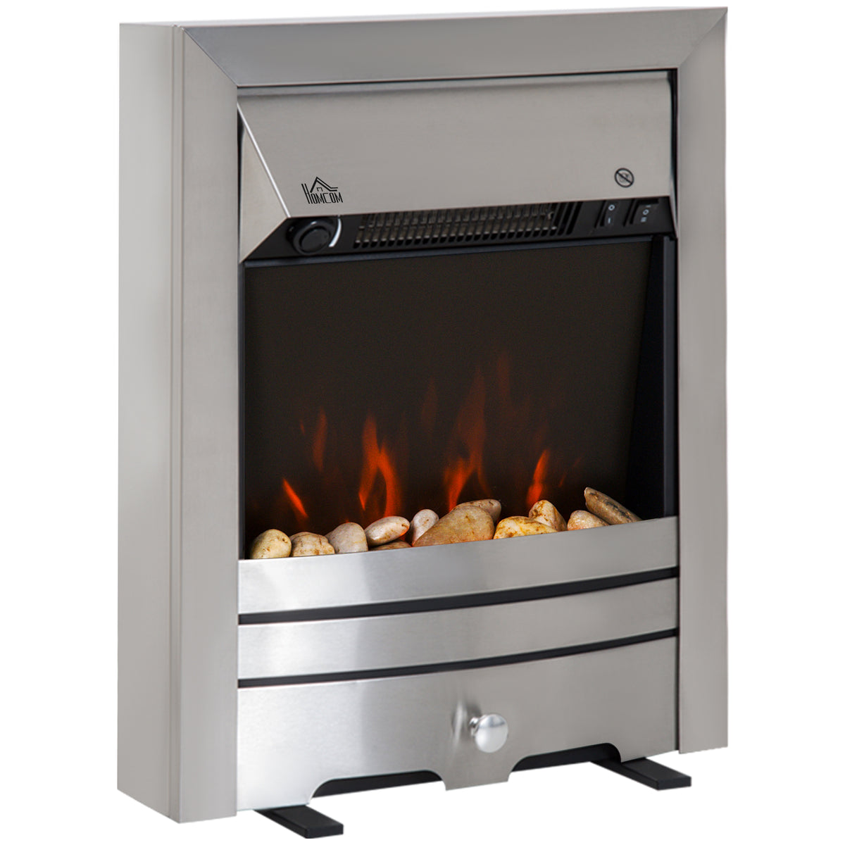 Fynco - 2KW Stainless Steel Electric Fireplace Pebble Burning Effect Heater Fire Flame Indoor Stove LED Lighting