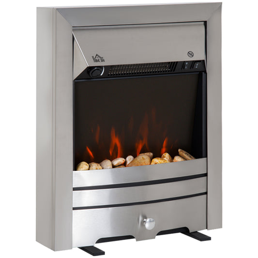 Fynco - 2KW Stainless Steel Electric Fireplace Pebble Burning Effect Heater Fire Flame Indoor Stove LED Lighting