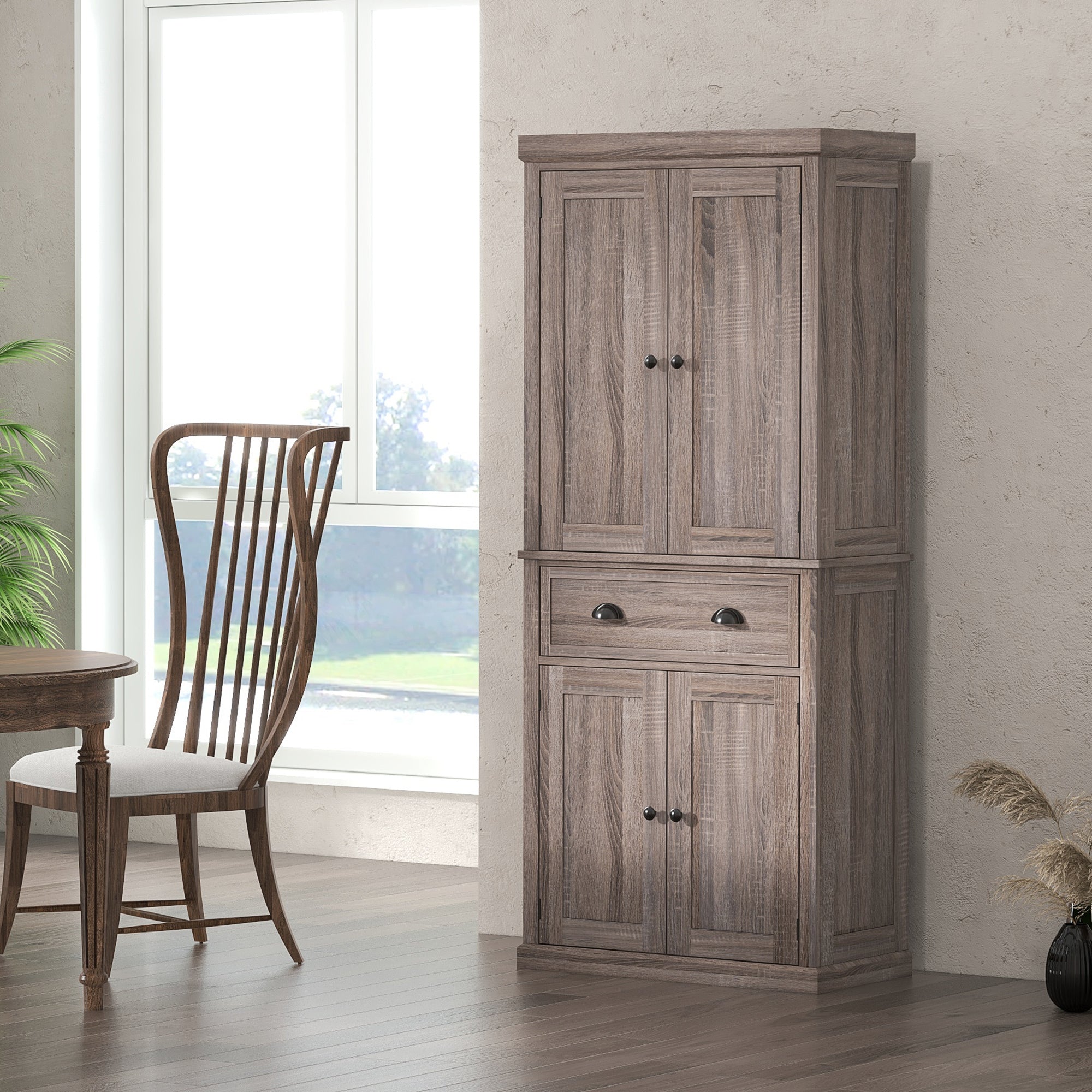 Freestanding Kitchen Cupboard, 184cm Tall Storage Cabinet with Doors and Shelves, Traditional Colonial 4-Door Kitchen Pantry Cupboard with Drawer, Dark Wood Grain