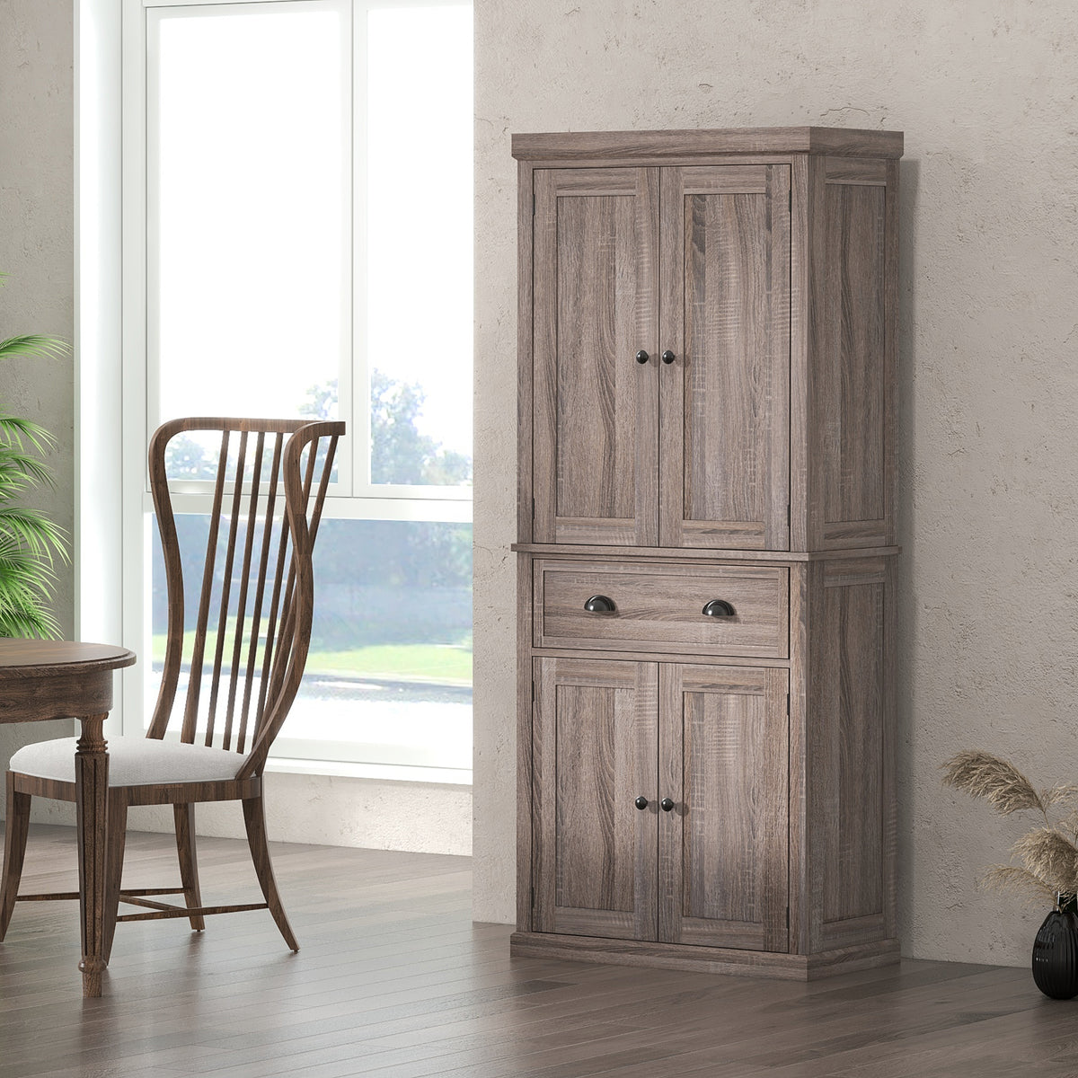 Freestanding Kitchen Cupboard, 184cm Tall Storage Cabinet with Doors and Shelves, Traditional Colonial 4-Door Kitchen Pantry Cupboard with Drawer, Dark Wood Grain