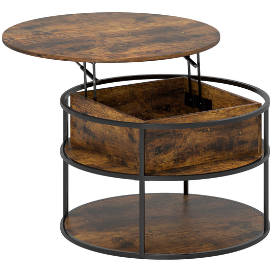 Lift Top Coffee Table, Round Coffee Table with Storage Shelf, Hidden Compartment and Steel Frame for Living Room, Home Office, Brown