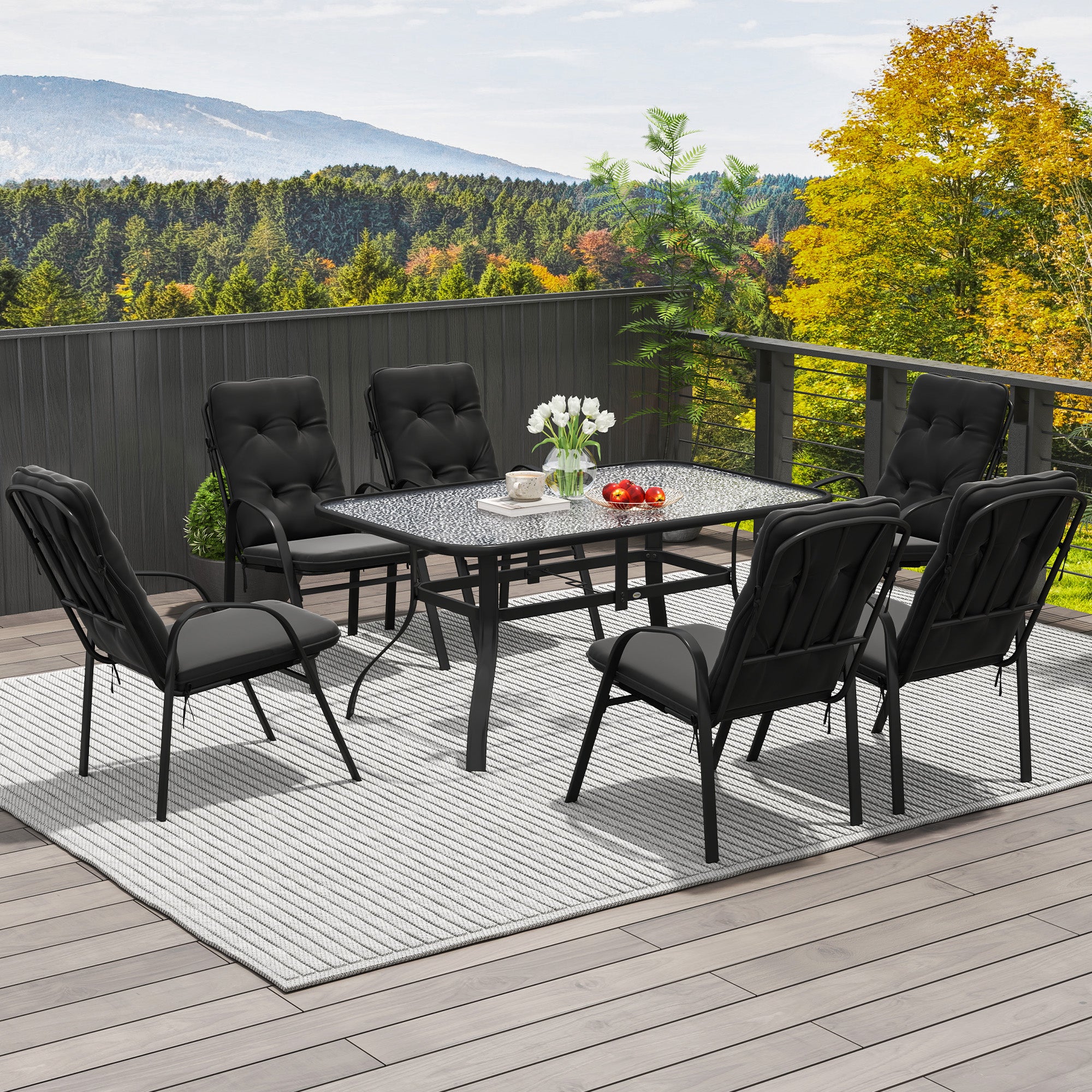 Seven-Piece Garden Dining Set with Cushions - Black