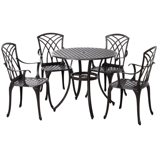 5 Pieces Garden Dining Set for 4, Cast Aluminium Outdoor Dining Set with 4 Armchairs and Round Dining Table with Parasol Hole, Garden Furniture Set, Brown