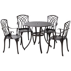 5 Pieces Garden Dining Set for 4, Cast Aluminium Outdoor Dining Set with 4 Armchairs and Round Dining Table with Parasol Hole, Garden Furniture Set, Brown