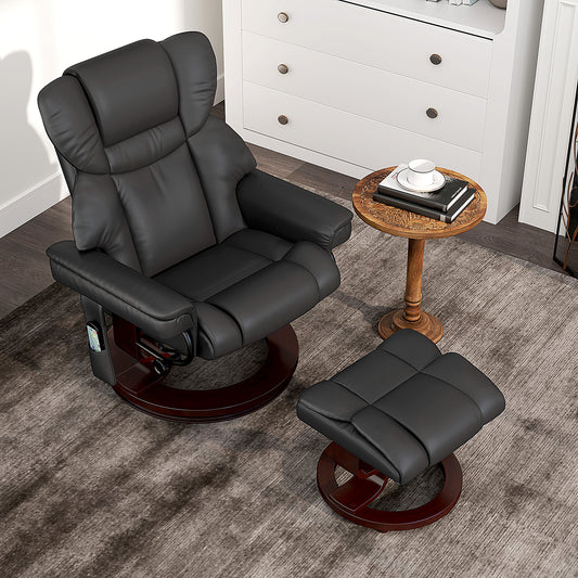 Massage Recliner Chair with Footstool, Upholstered Reclining Armchair with Adjustable Backrest, Steel Frame and Wood Base, Swivel Chair for Living Room, Bedroom, Black