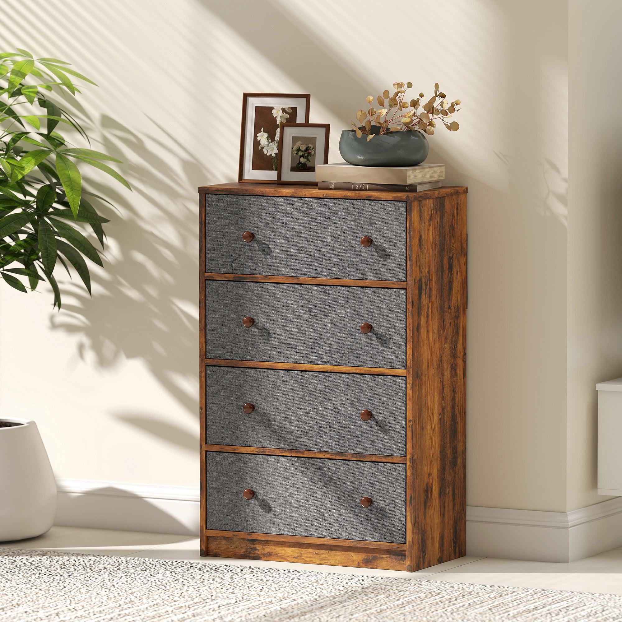 Chest of Drawers, Dresser with 4 Fabric Drawers - Grey and Rustic Brown