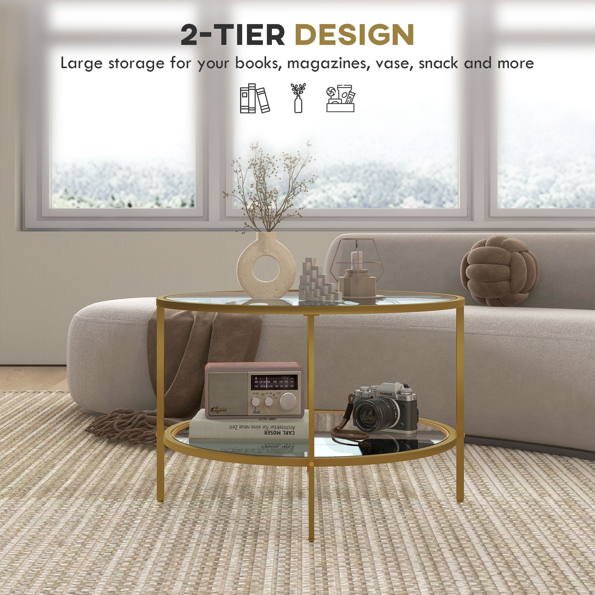 Round Coffee Table with Storage, 2-Tier Tempered Glass Coffee Table with Steel Frame for Living Room, Gold Tone