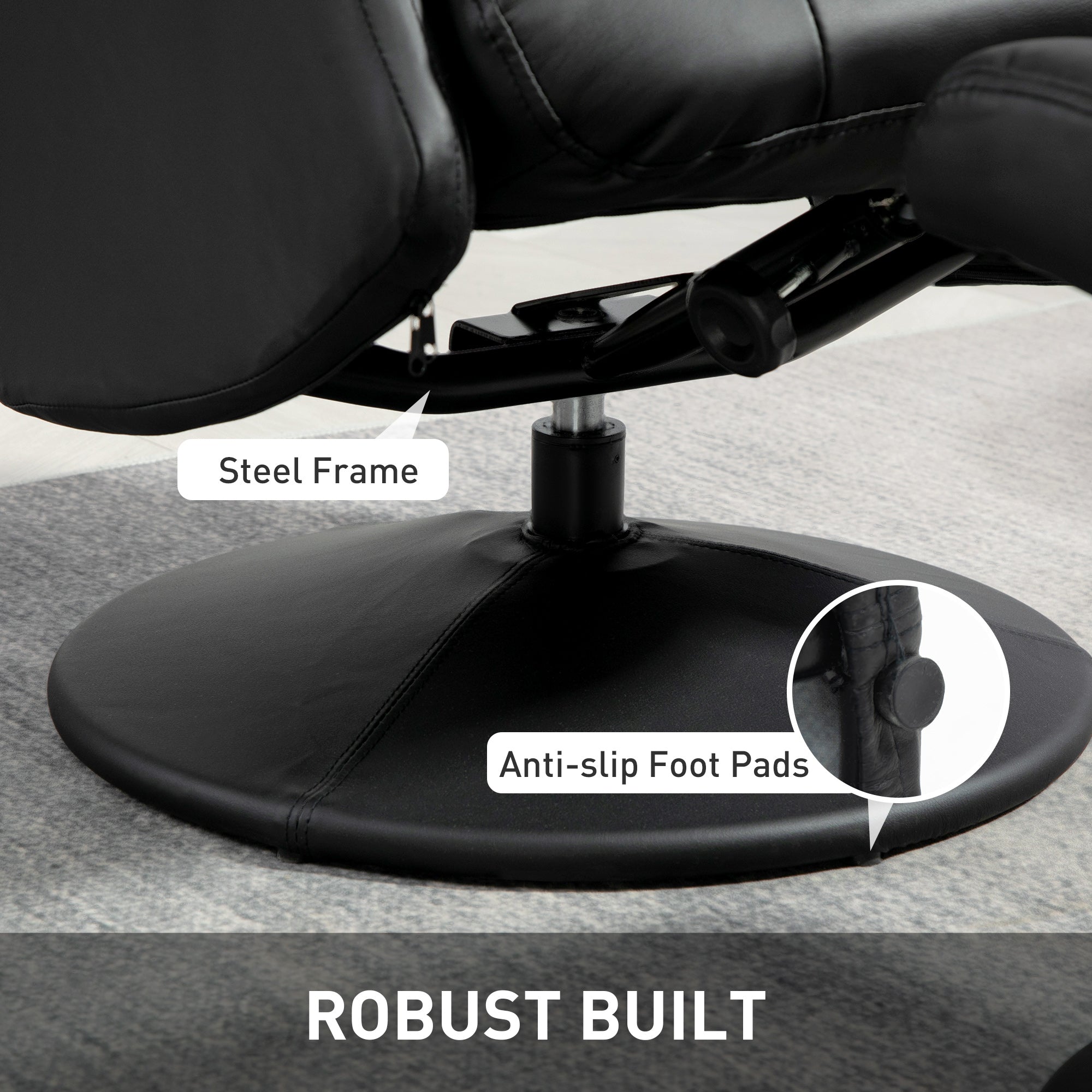 Swivel Recliner Chair with Footstool, PU Leather Recliner Armchair with Adjustable Back and Steel Frame, Reclining Chair Lounge with Flared Armrests for Living Room, Black