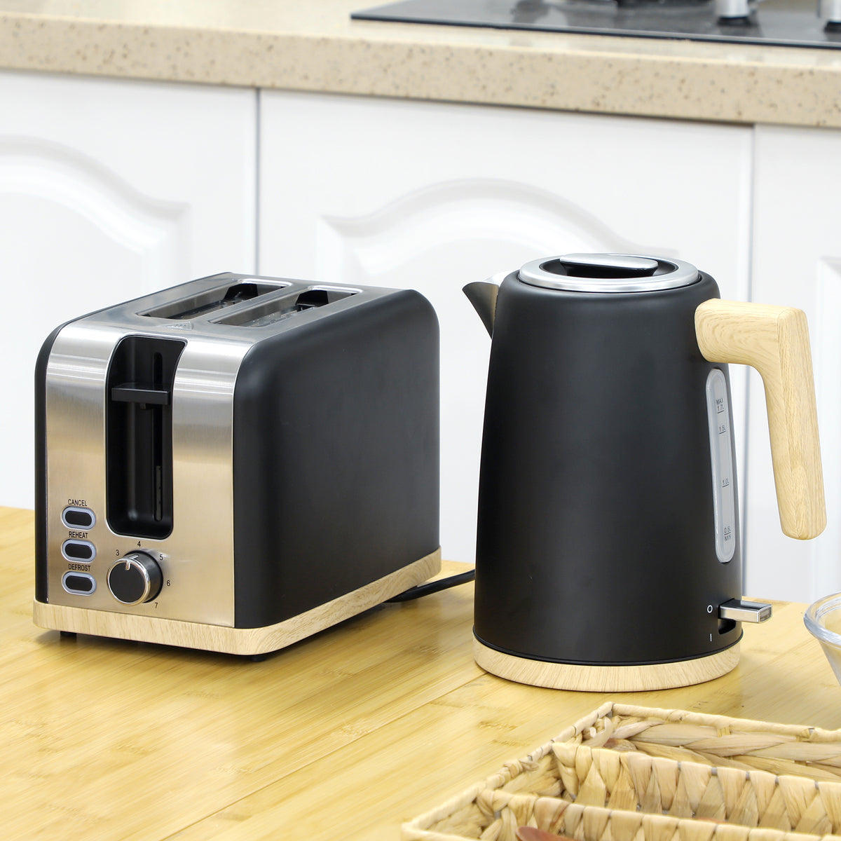 Kettle and Toaster Set, 1.7L 3000W Fast Boil Kettle & 2 Slice Toaster Kitchen Set with 7 Level Browning Controls, Defrost, Reheat, Auto Off, Boil-dry Protection, Black