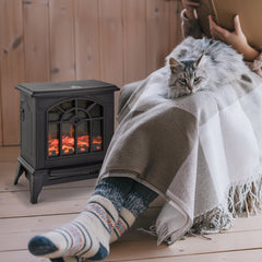 Fynco - 1000W/2000W Freestanding Electrical Fireplace Indoor Heater Stove Log Wood LED Burning Effect Flame with Thermostat Control Black