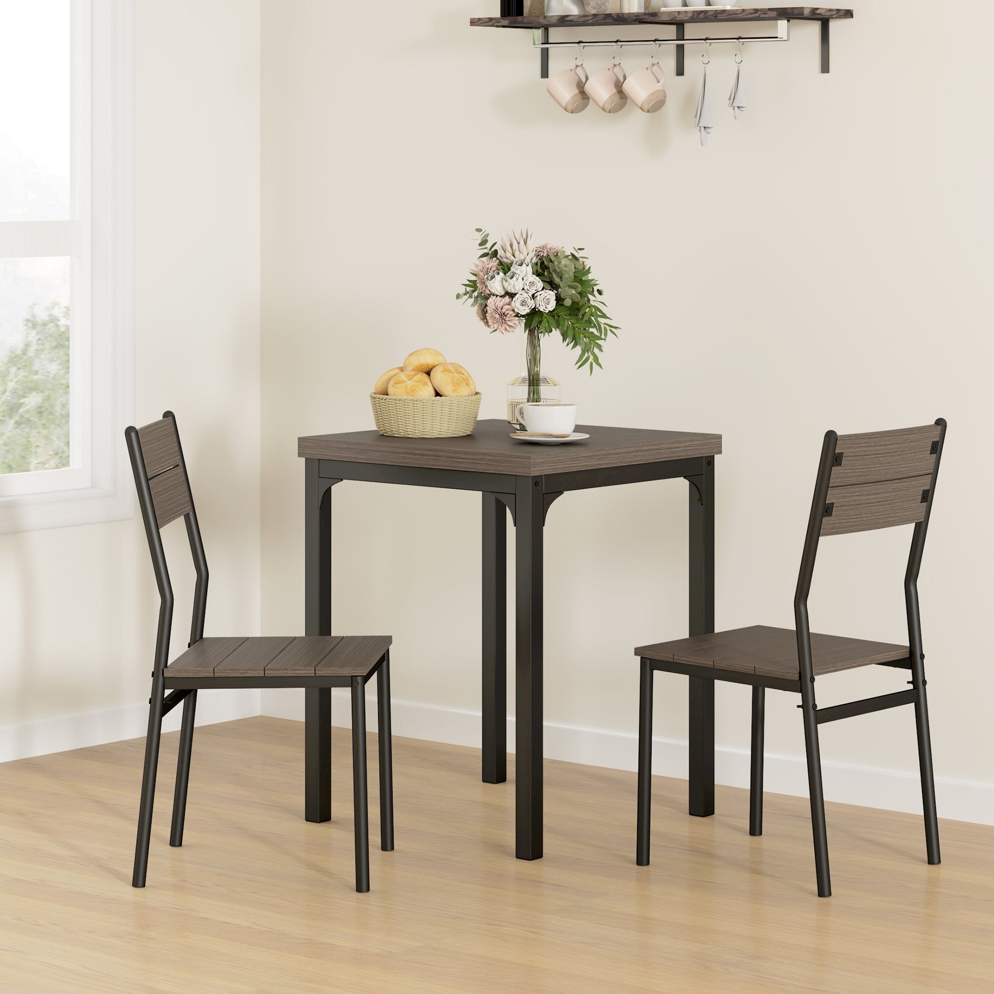 Three-Piece Minimal and Compact Dining Set, Grey Wood Grain