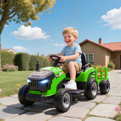 AIYAPLAY 12V Ride on Tractor and Trailer with Remote Control, Music, Shifter, Start-Up Sound, for Kids Ages 3-8 Years, Green