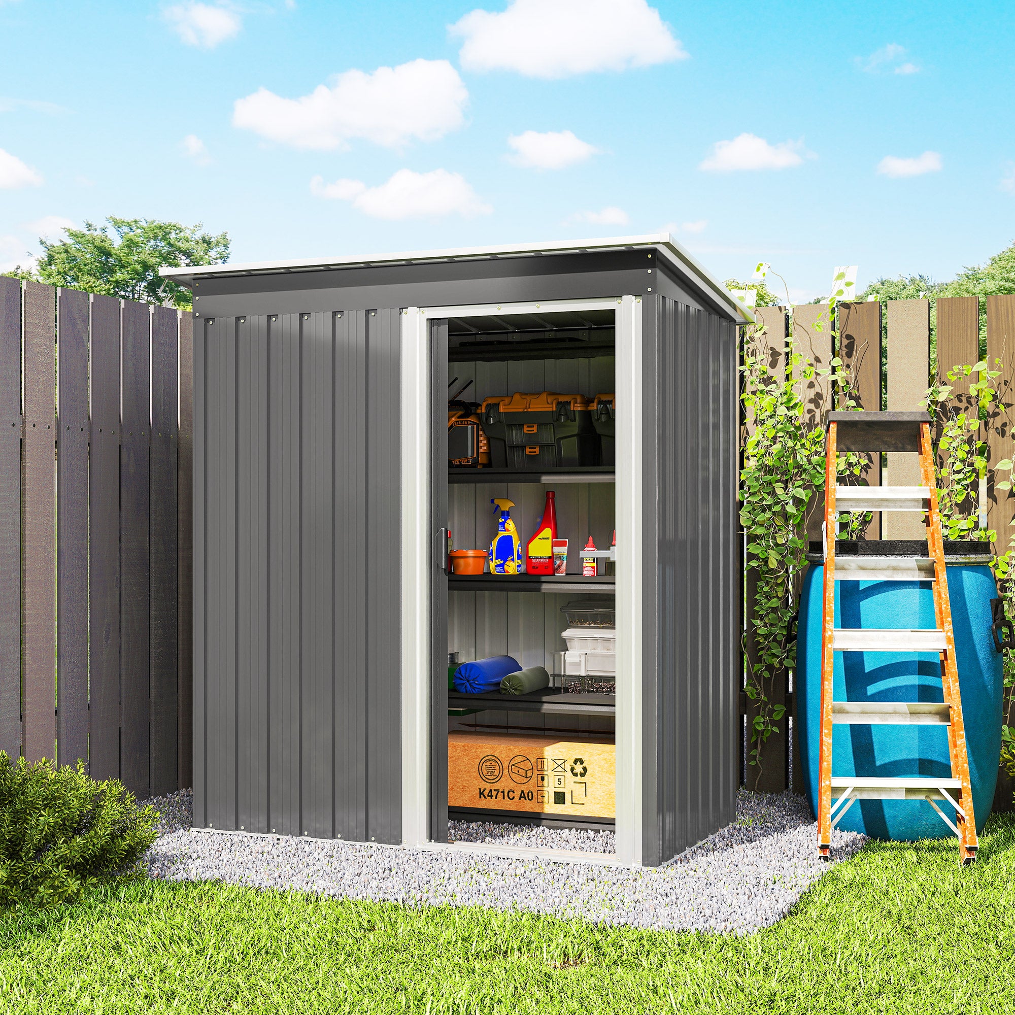 Fynco - 5x3 Storage Shed with Sliding Door and Sloped Roof for Garden, Light Grey