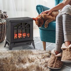 Fynco - 1000W/2000W Freestanding Electrical Fireplace Indoor Heater Stove Log Wood LED Burning Effect Flame with Thermostat Control Black