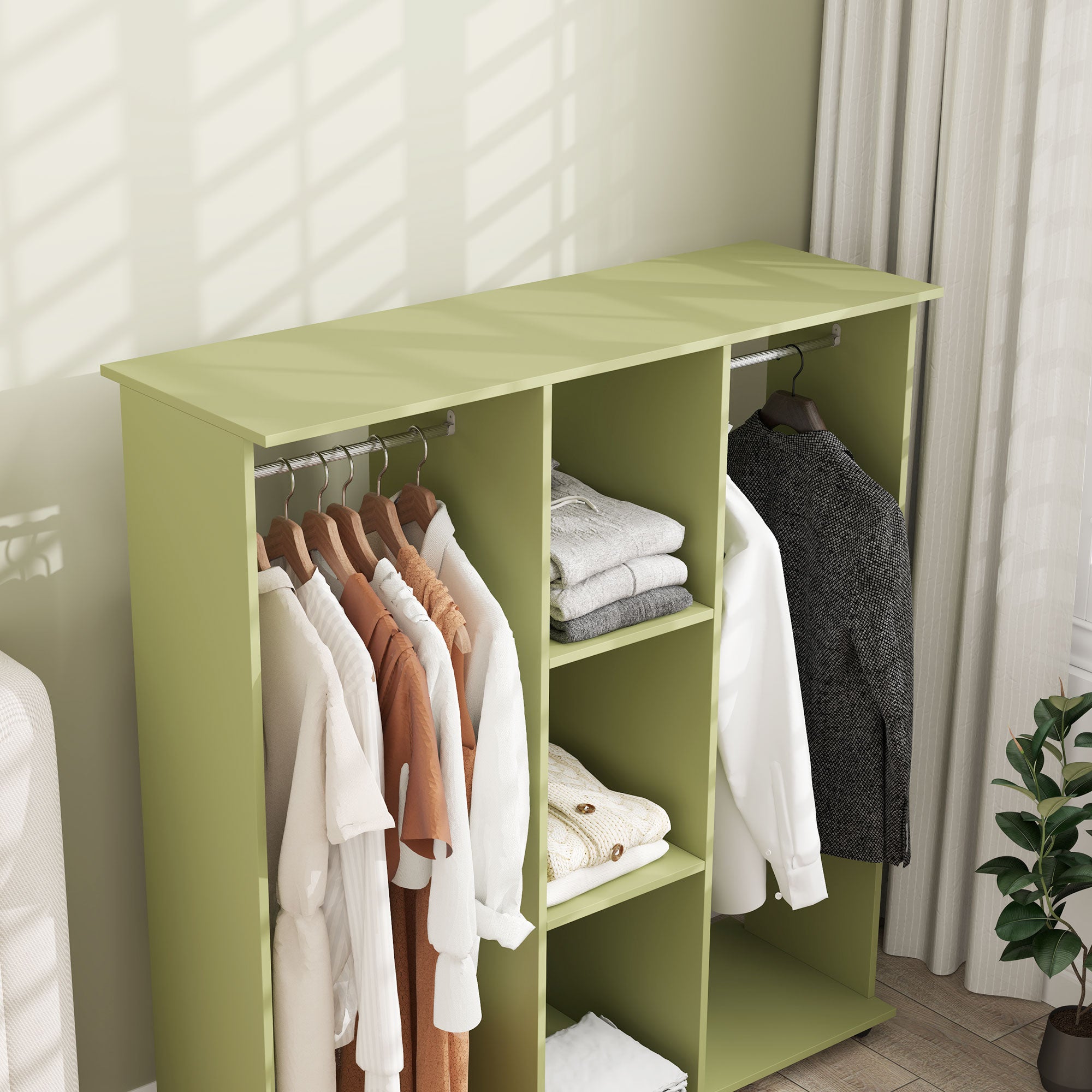 Open Wardrobe Double Mobile Storage Shelves Organizer W/6 Wheels-Green