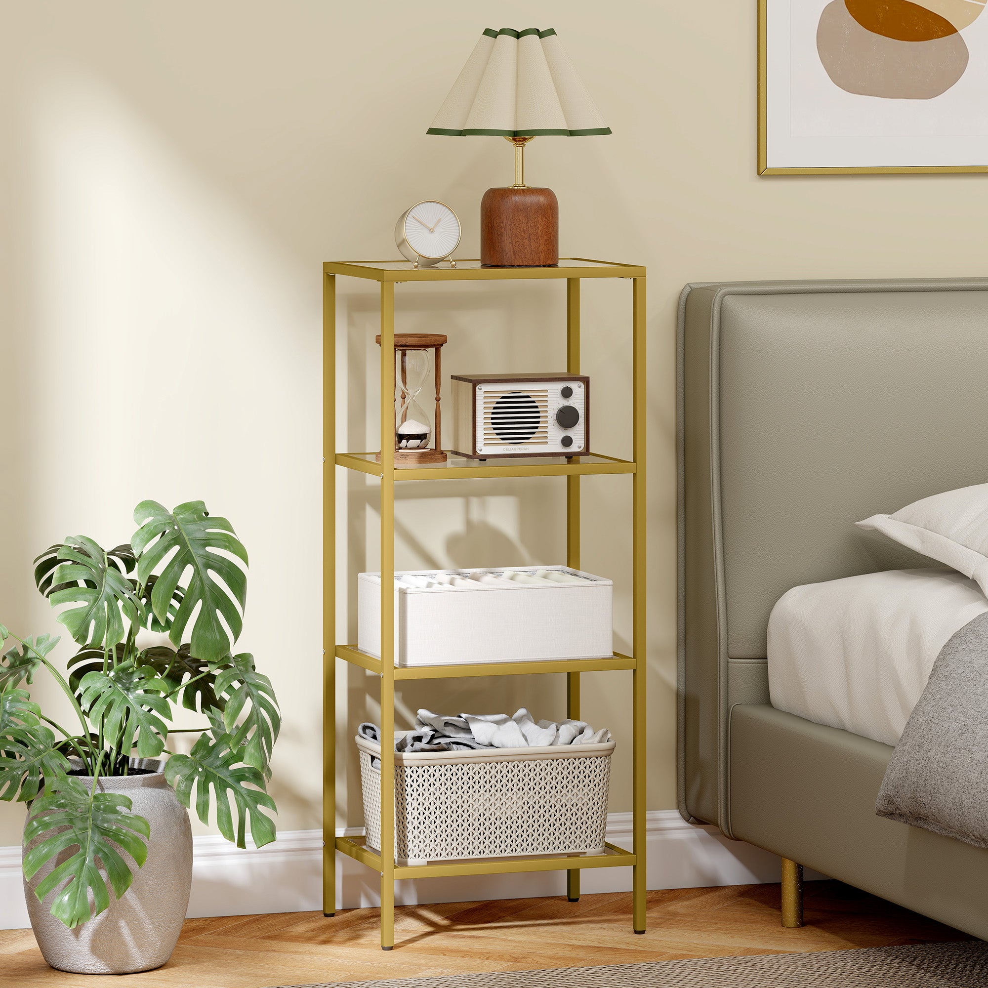 Fynco - 4-Tier Shelving Unit, Glass Shelf, Vertical Storage Shelf for Living Room, Home Office, Bedroom, Bathroom, Gold Tone