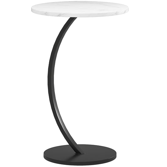 C Shaped Side Table, Round Bedside Table with Marble Effect Top, Modern Coffee Table Sofa End Table with Metal Frame for Living Room Bedroom Office, White