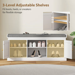 Fynco - Boho Shoe Storage Bench with Padded Cushion and Rattan Doors - White