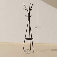 Freestanding Metal Coat Rack Stand 9 Hooks Clothes Tree with 1 Shelf Hat Display Hall Tree Hanger Bag Umbrella Hanging Organiser Black