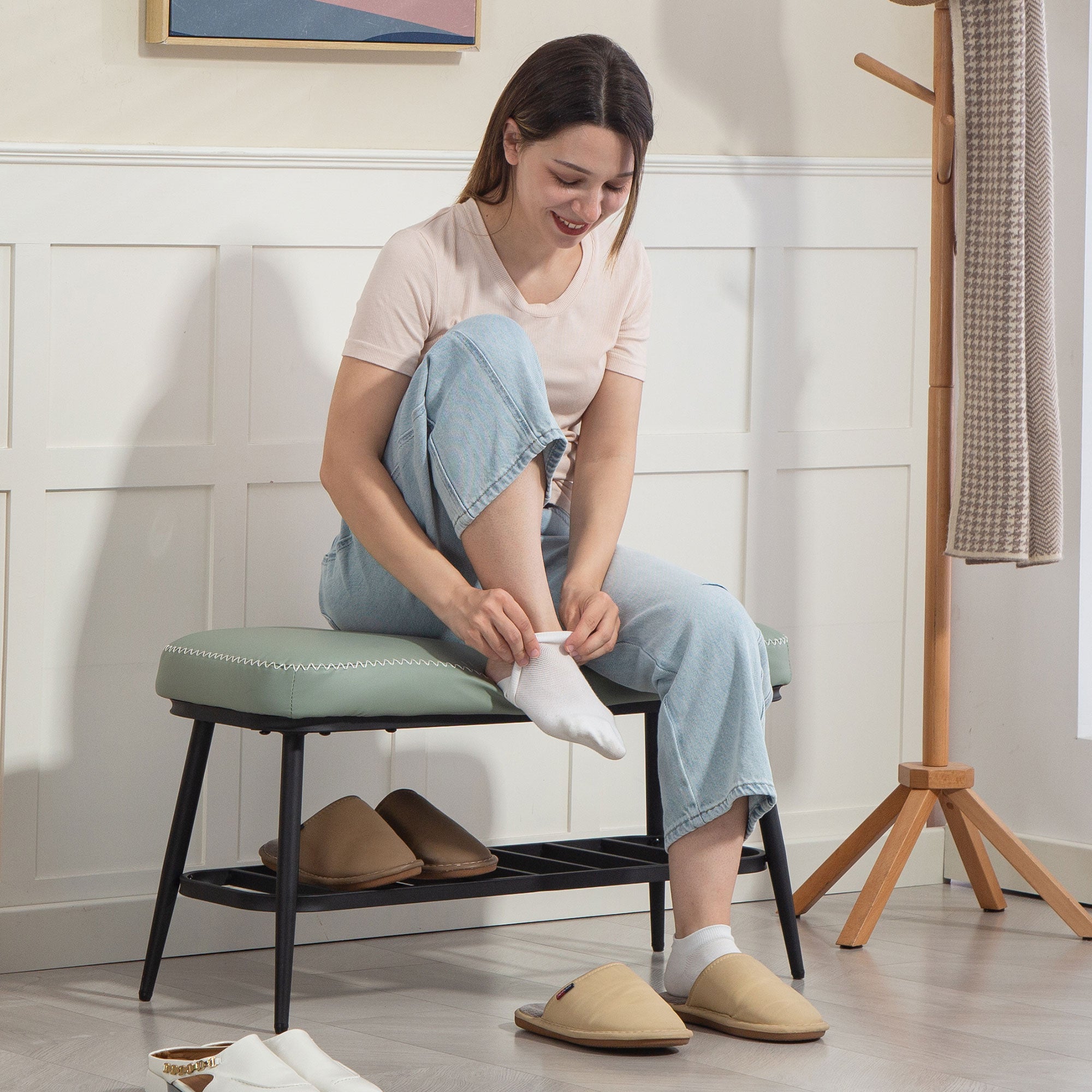 Fynco - PU Leather Shoe Storage Bench - Green
