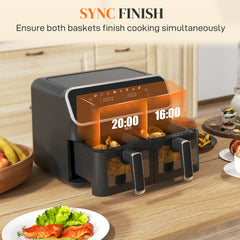 8L Dual Basket Air Fryer, 80-200℃, with Sync Function - Black/Silver