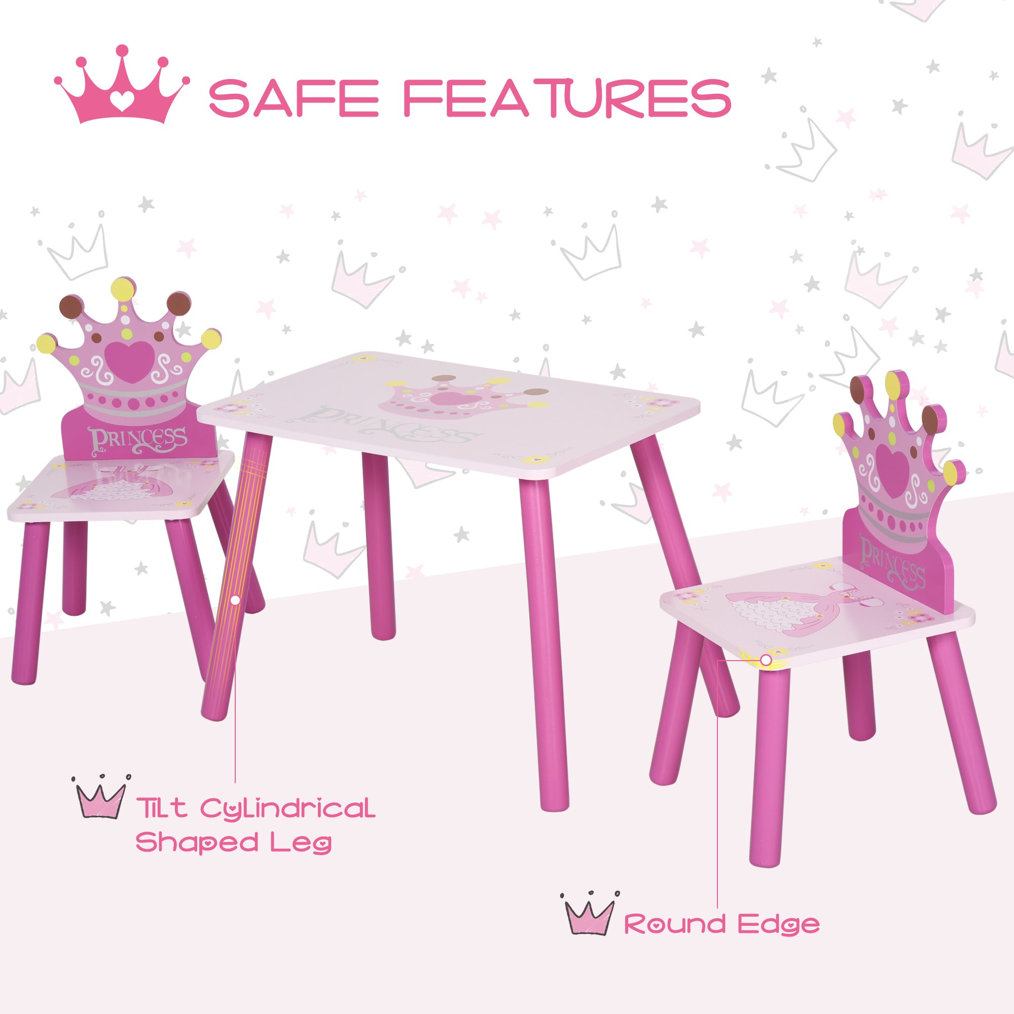 3 Pcs Kids and Table Chair Set Princess & Crown Theme Home Furniture Pretty Gift 2-4 Years Pink