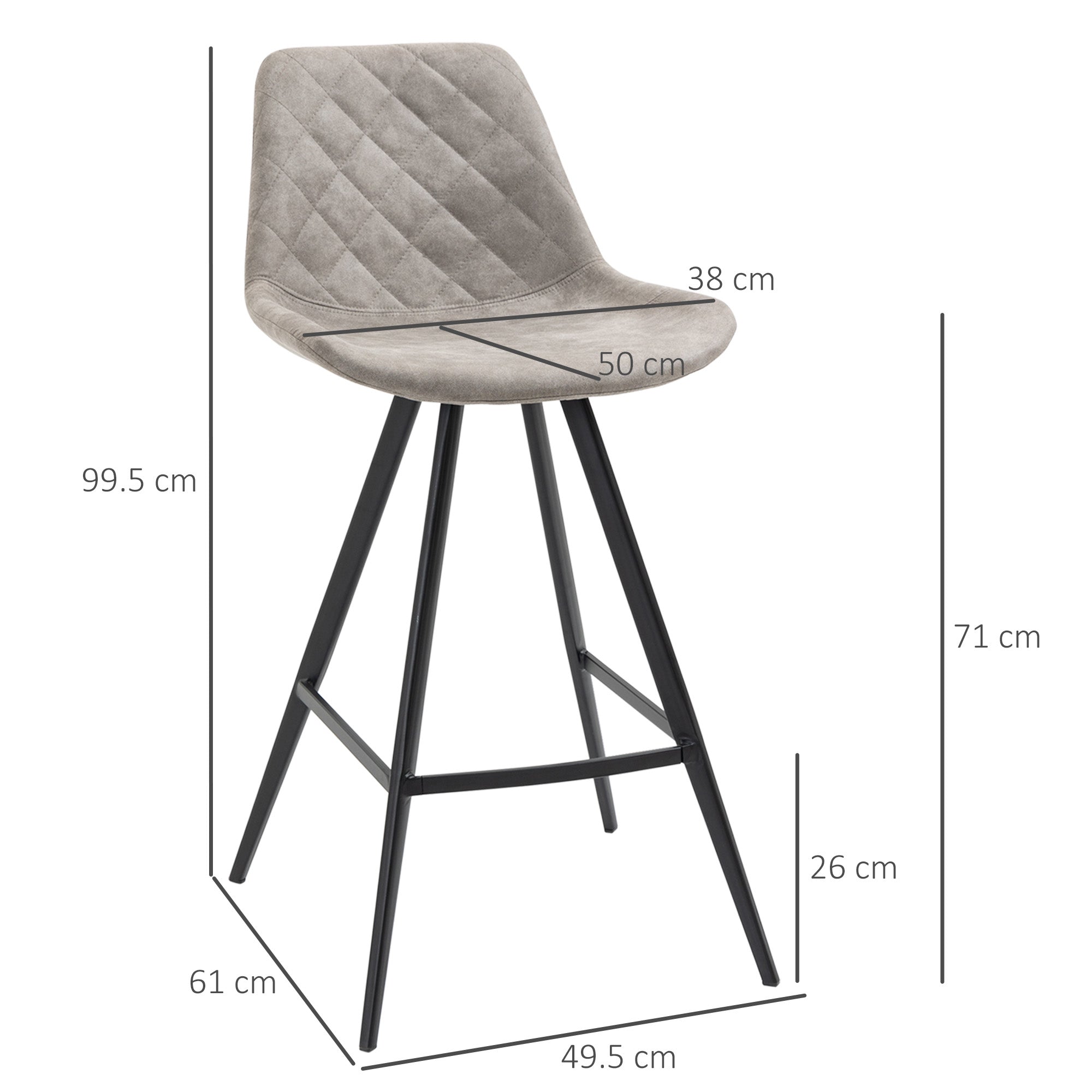 Set Of 2 Bar Stools Vintage Microfiber Cloth Tub Seats Padded Comfortable Steel Frame Footrest Quilted Home Bar Cafe Kitchen Chair Stylish Grey