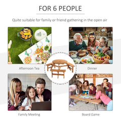 6 Seater Wooden Picnic Table and Garden Benches Set, Round Garden Dining Set with 3 Benches and Umbrella Hole Outdoor Garden Park, Brownish Red