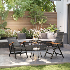 2 Pieces Folding Rattan Garden Dining Chairs with 5-level Reclining High Back, Wood Armrests for Outdoor - Mixed-grey
