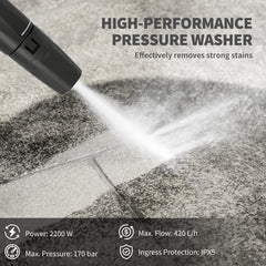 2200W High Pressure Washer, 170 Bar Pressure, 420 L/h Flow, Portable Electric Power Washer Jet Wash Cleaner with Adjustable Nozzle 6M Hose and Hose Reel for Home Patio Car Driveway