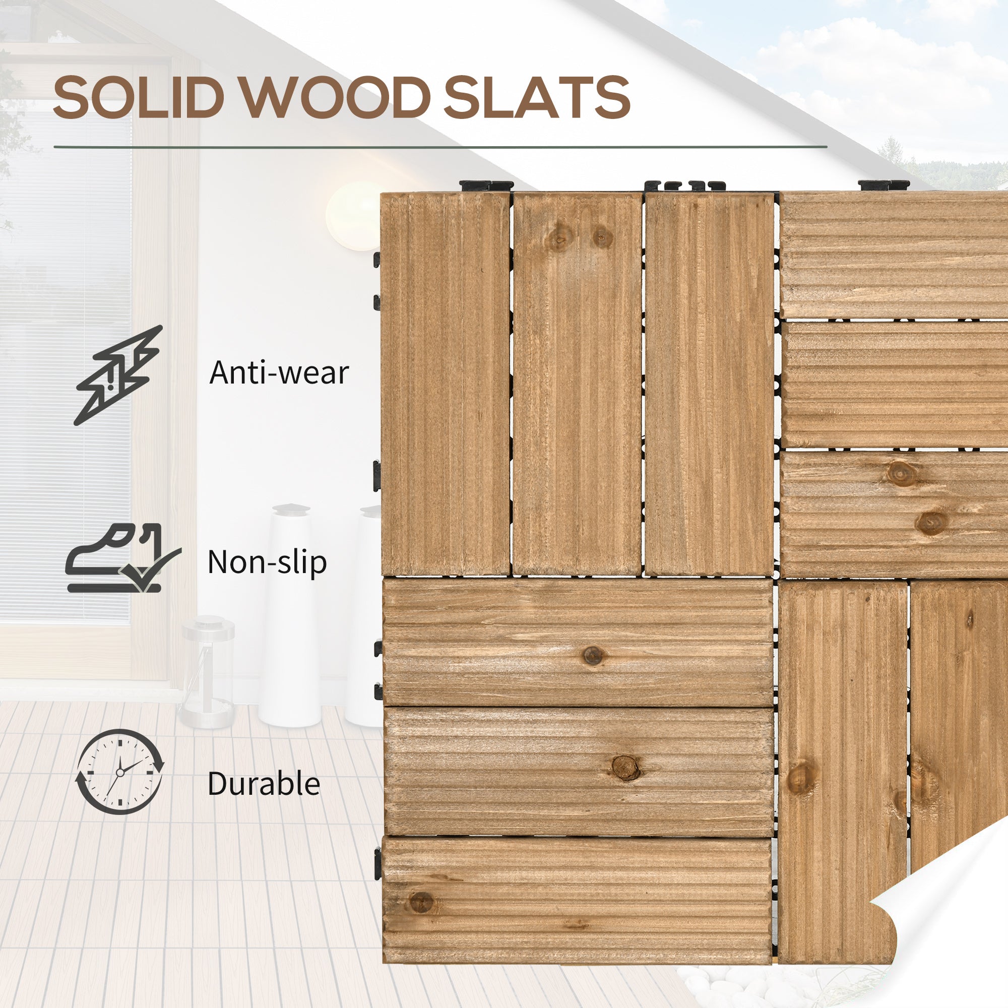 27 Pcs Wooden Interlocking Decking Tiles, Outdoor Flooring Tiles for Patio, Balcony, Terrace, Hot Tub, 30 x 30 cm per Piece, 2.5㎡ per Pack, Brown