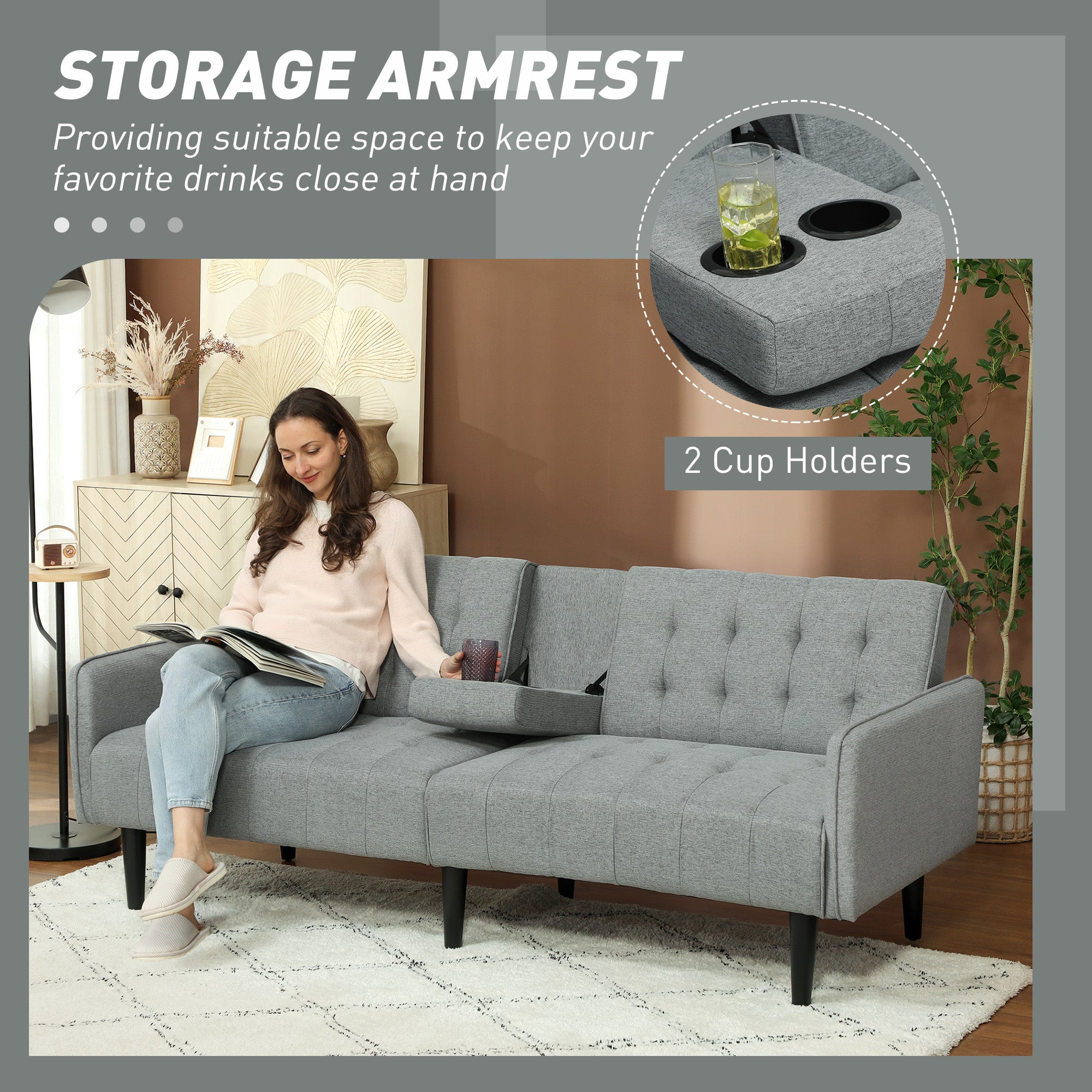 Three-Seater Sofa Bed, with Cupholders - Light Grey