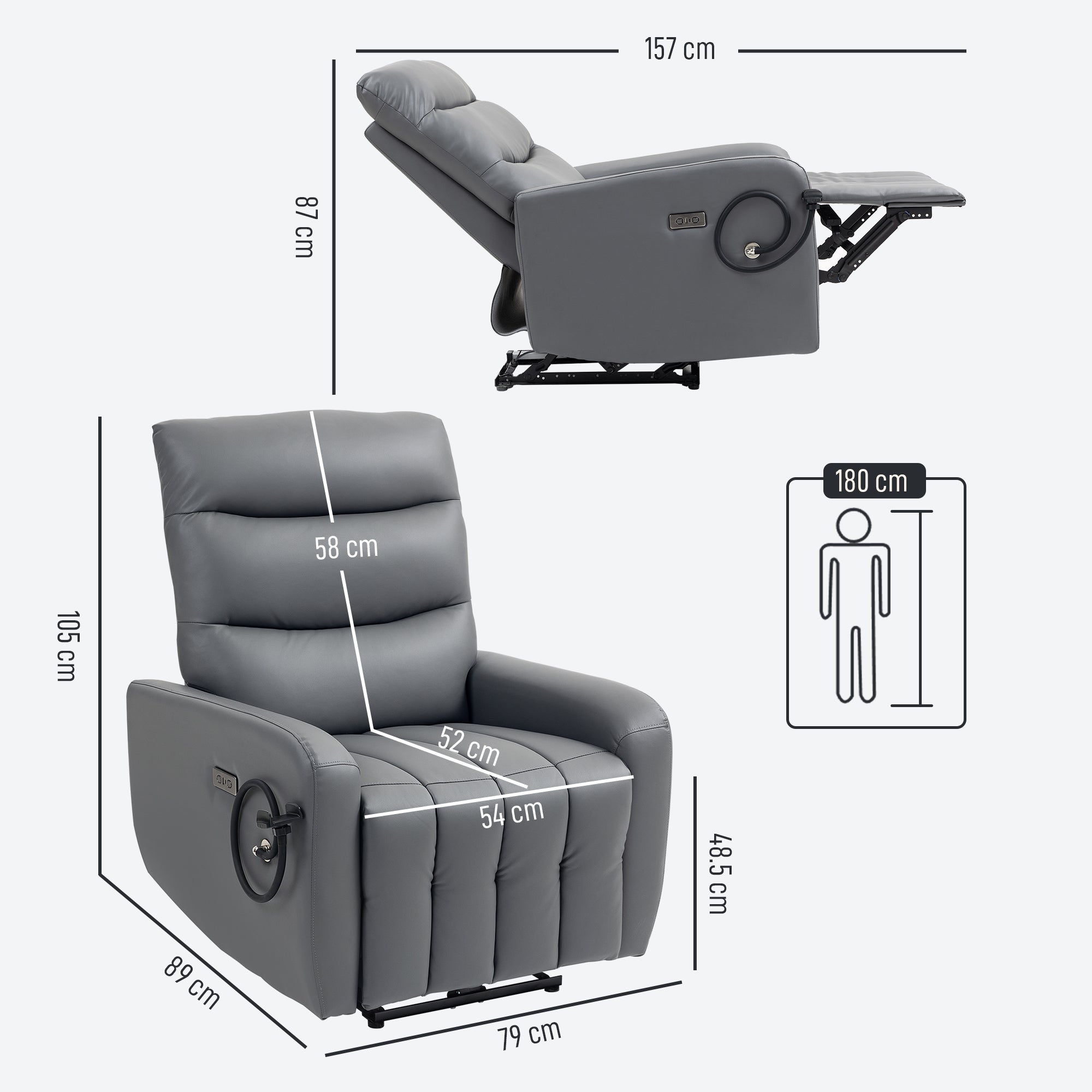 Electric Recliner Armchair with USB + Type C Charge Port, Phone Holder, PU Leather Reclining Chair with Adjustable Leg Rest, Recliner Chair for Home Living Room Theater, Grey