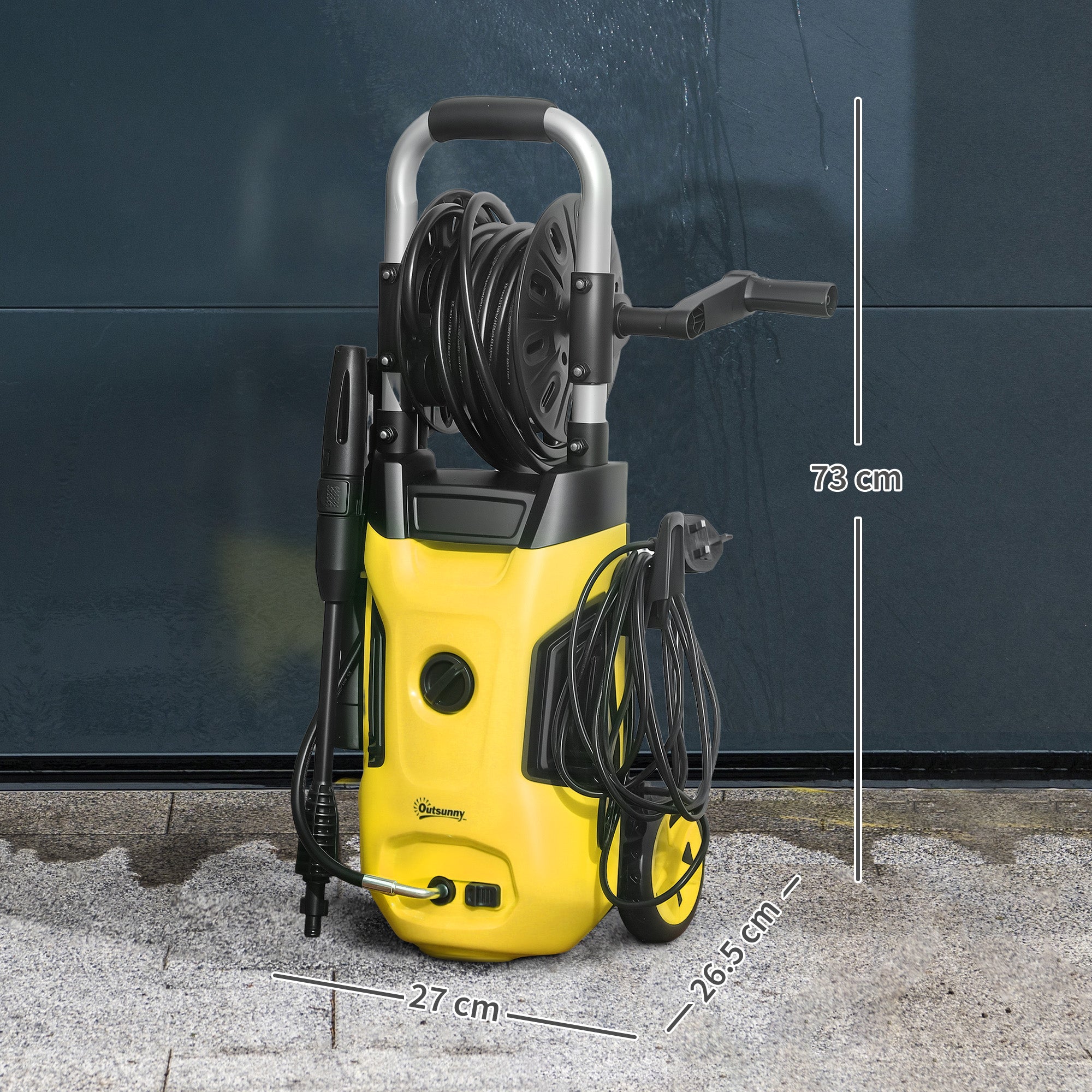 1800W High Pressure Washer, 150 Bar Pressure, 420 L/h Flow, Portable Power Washer Jet Wash Cleaner with Adjustable Nozzle, 6M Hose, Hose Reel, Steel Handle for Home Patio Car Driveway, Yellow