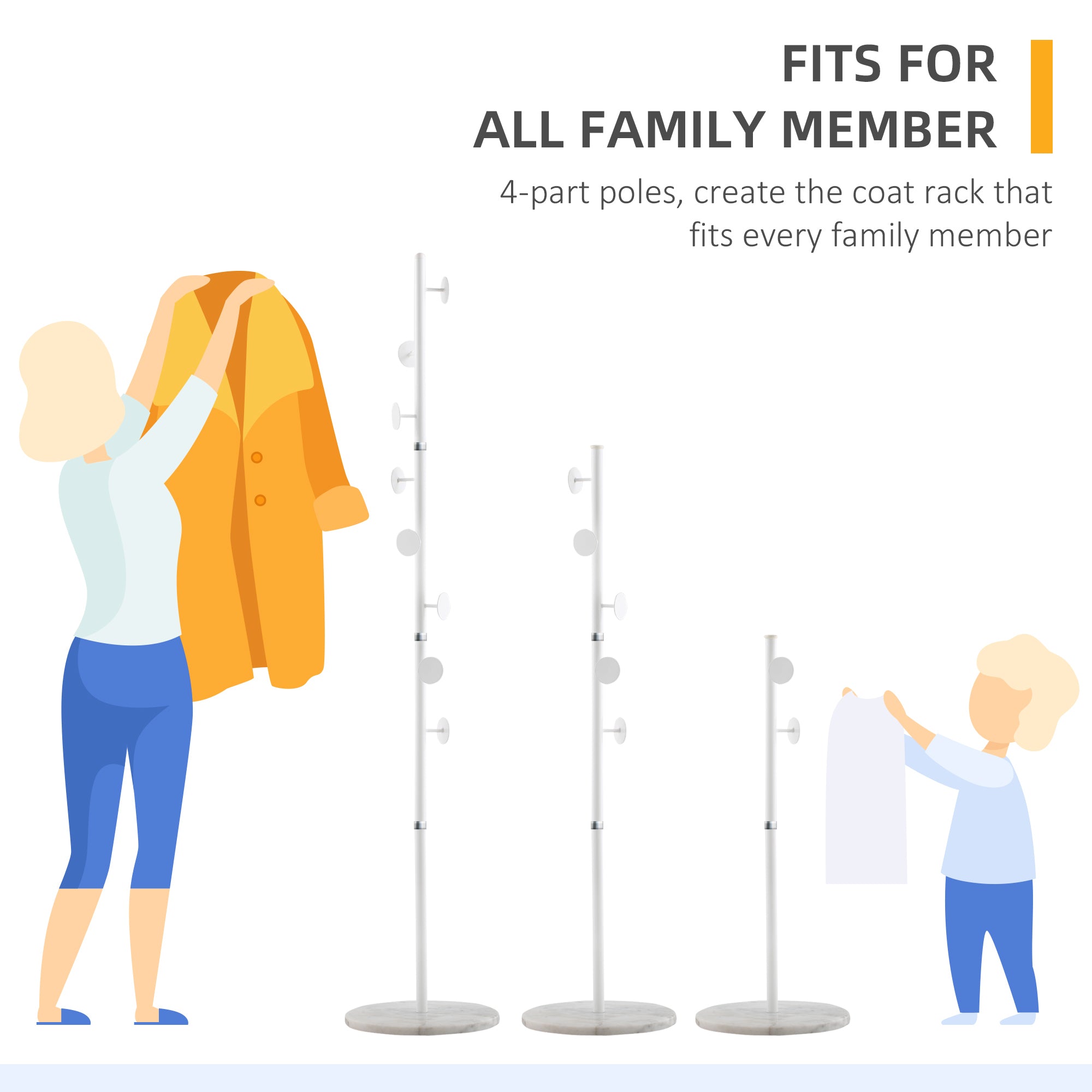 Coat Rack Free Standing Hall Tree with 8 Round Disc Hooks for Clothes, Hats,Purses, Steel Entryway Coat Stand with Marble Base for Entryway, Living Room, Bedroom, White