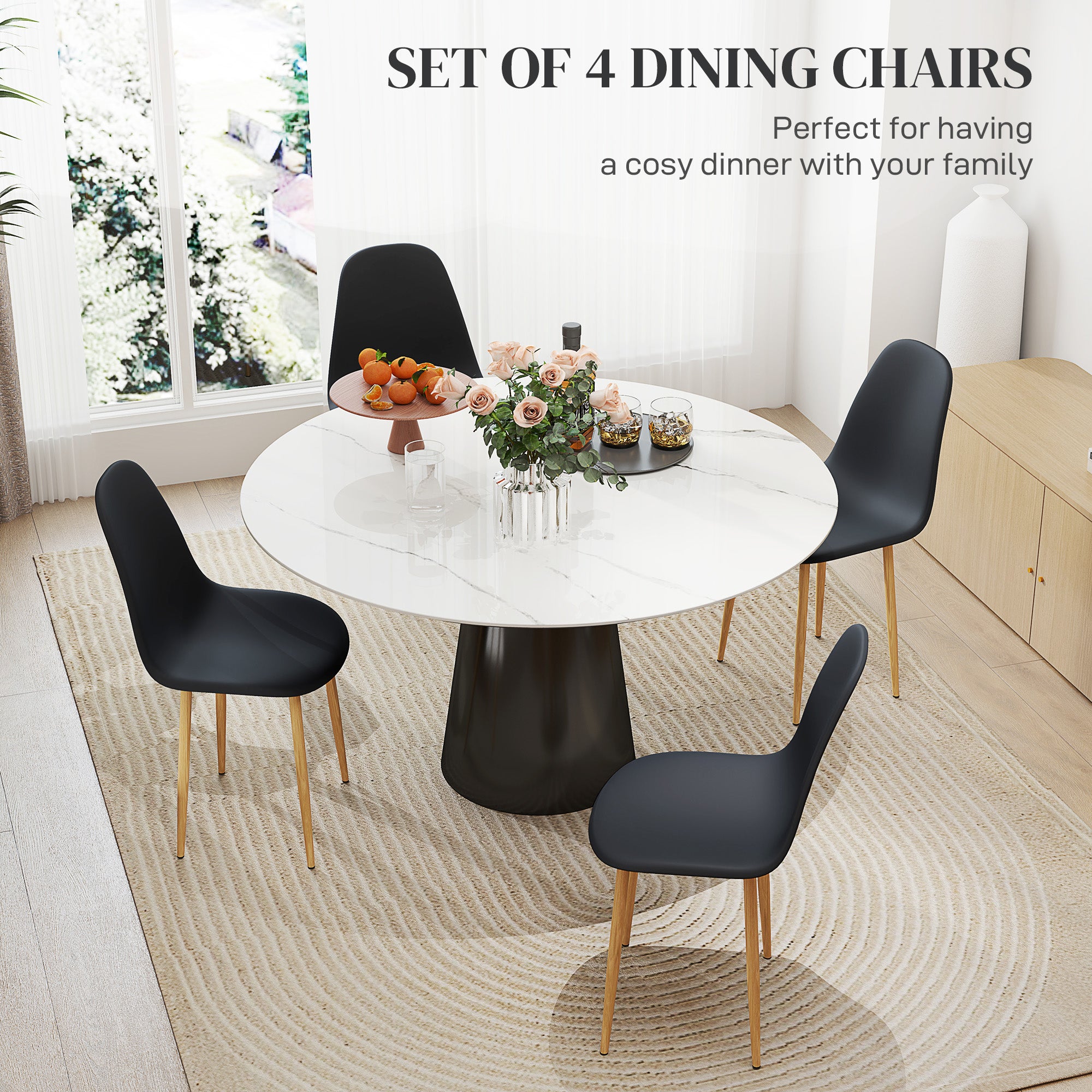 Modern Dining Chairs Set of 4, Kitchen Chairs with Backrest and Steel Legs for Dining Room, Living Room, Black