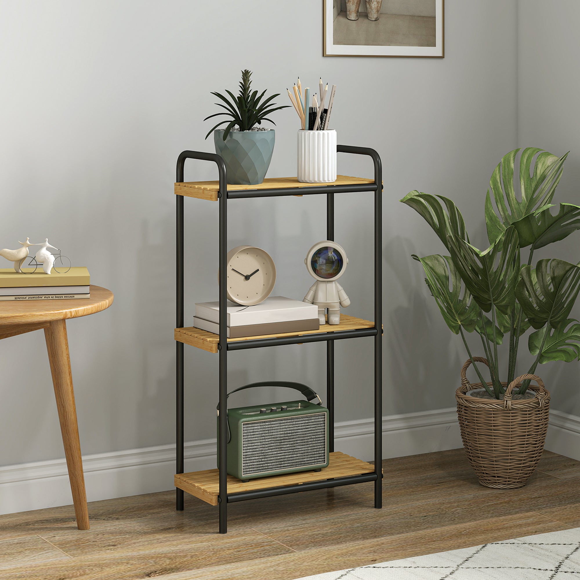 Fynco - 3-Tier Bamboo Bathroom Storage Shelf, Freestanding Narrow Shelving Unit with Slatted Shelves for Kitchen Bathroom Living Room, 41.5 x 21.5 x 77.5 cm, Natural and Black